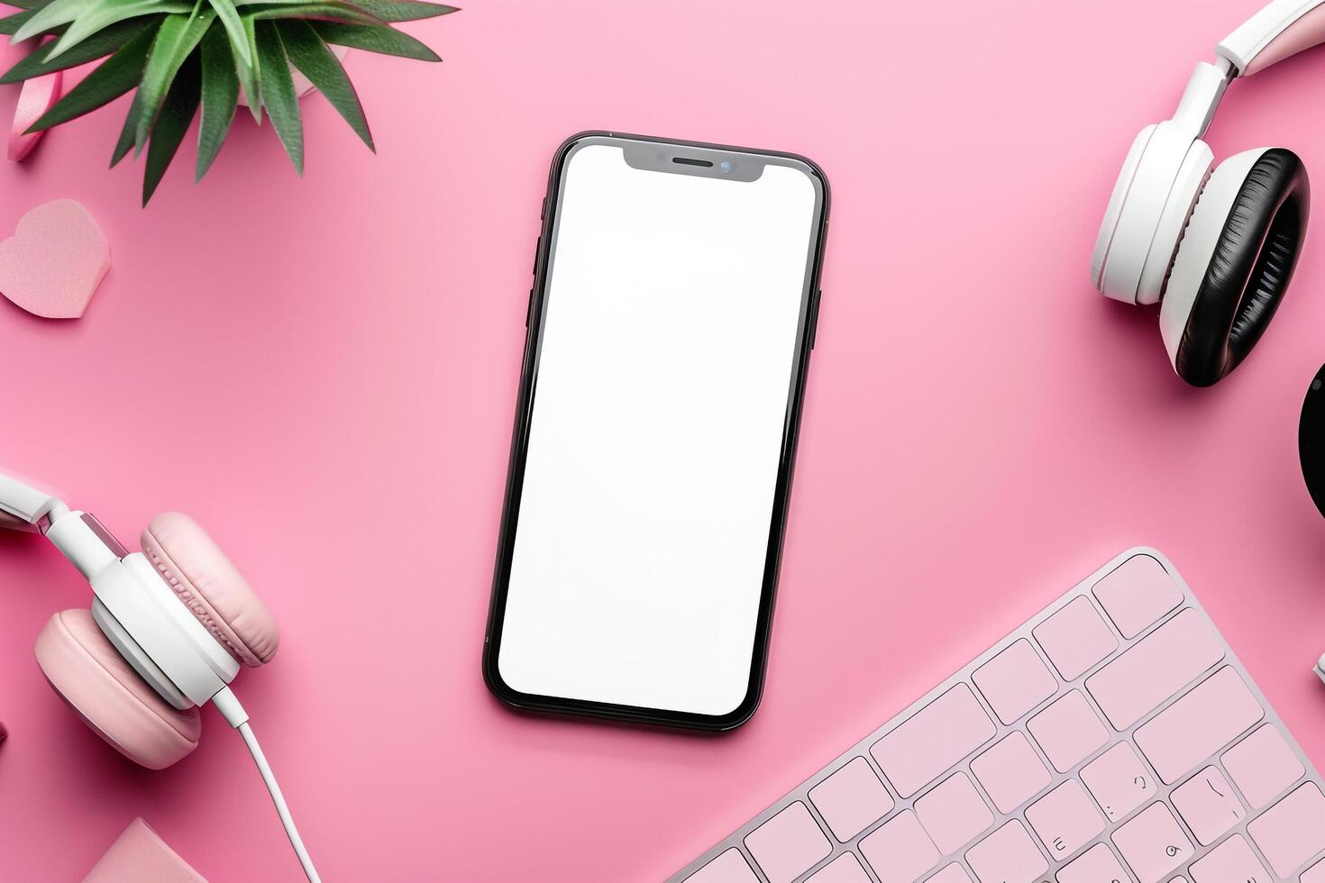 Mobile Phone Mockup Screen with Headphones and Engaging Visual Background photo