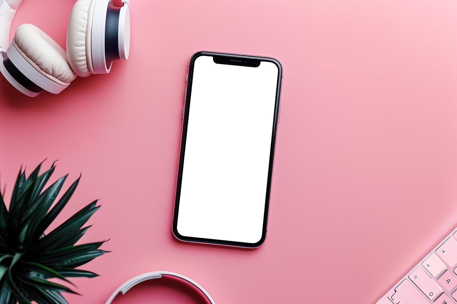 Mobile Phone Mockup Screen with Headphones and High Resolution Visual Background photo