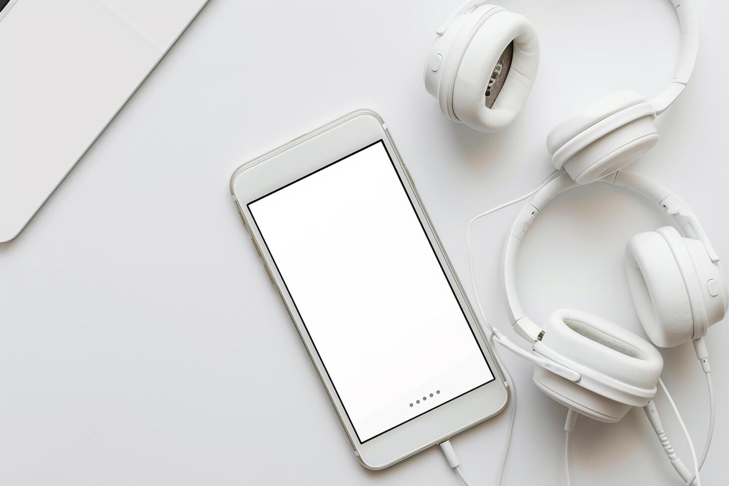 Mobile Phone Mockup Screen and Headphones with Professional Display Setup photo