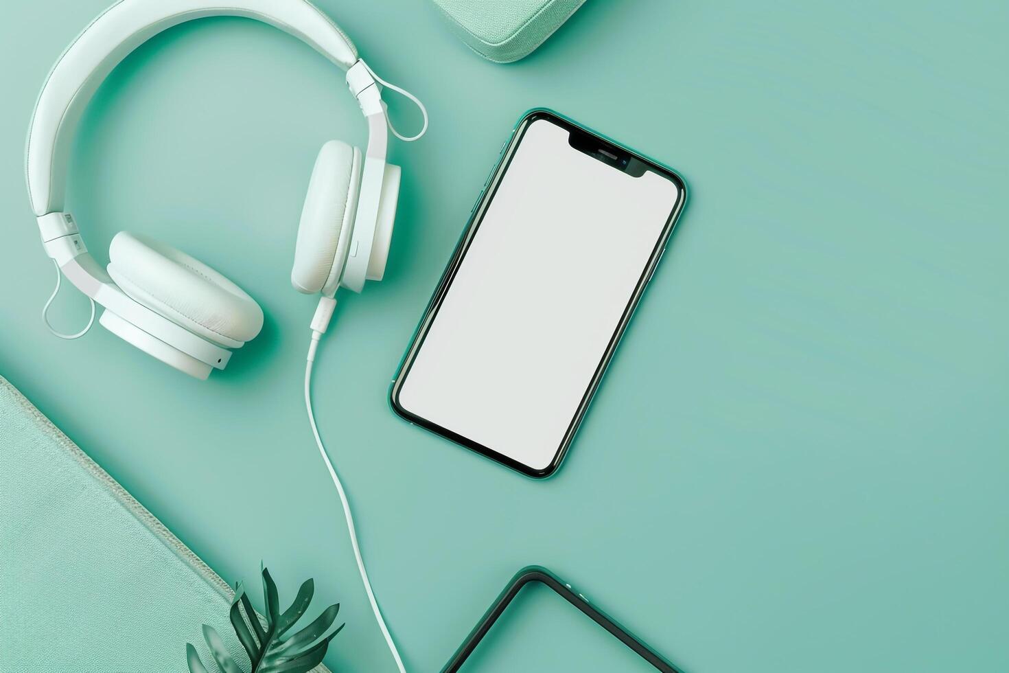 Mobile Device Mockup Screen with Headphones and Engaging Visual Background photo