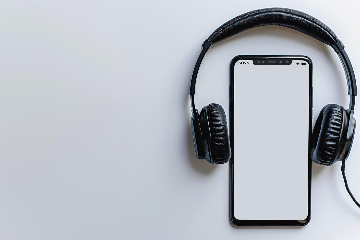 Mobile Phone Mockup Screen and Headphones Featuring ed Display Setup photo
