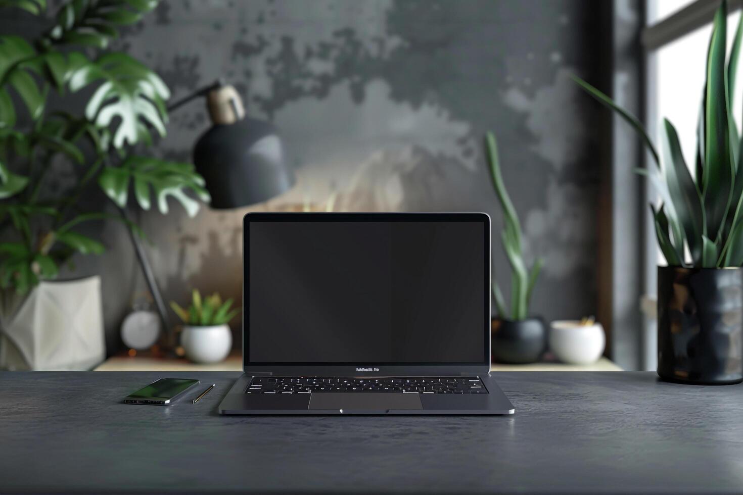 Contemporary gray workspace with laptop and productivity tools for efficiency background photo