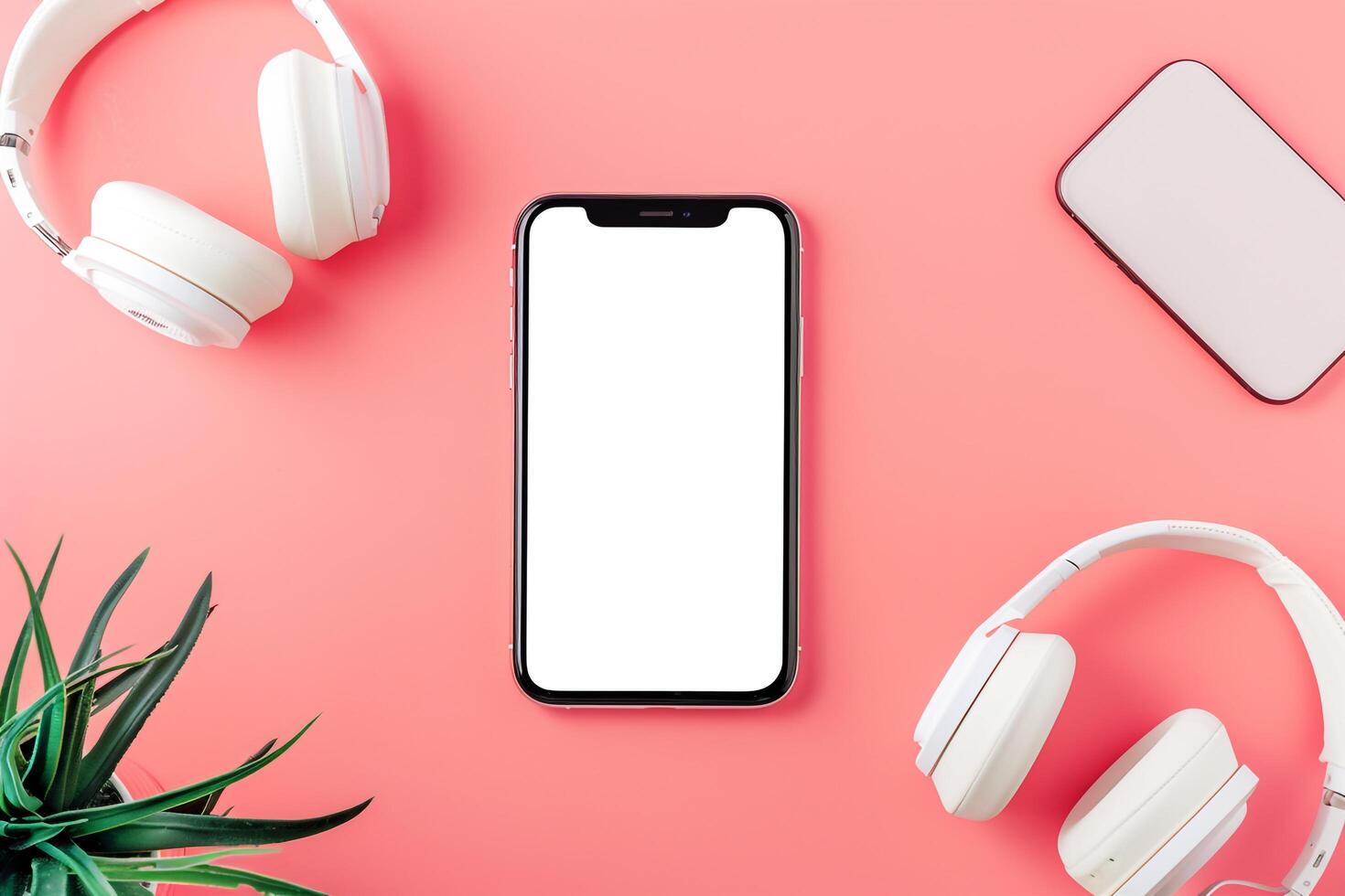 Mobile phone mockup with screen and headphones in a digital tech setup background photo