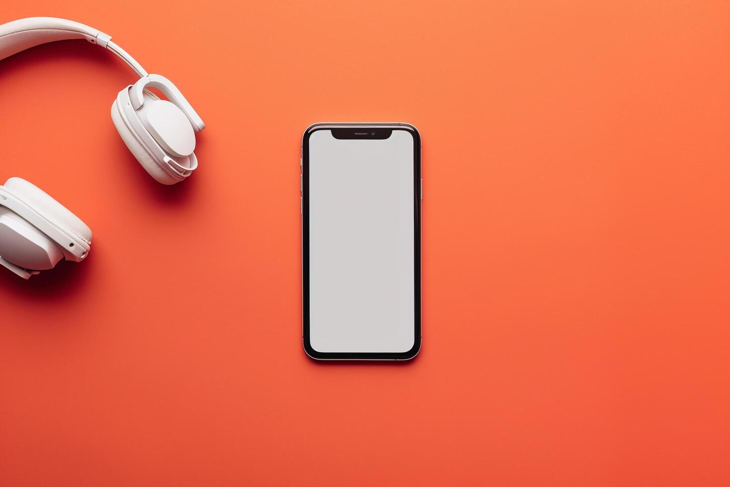 Mobile phone mockup with screen and headphones in an interactive tech background photo