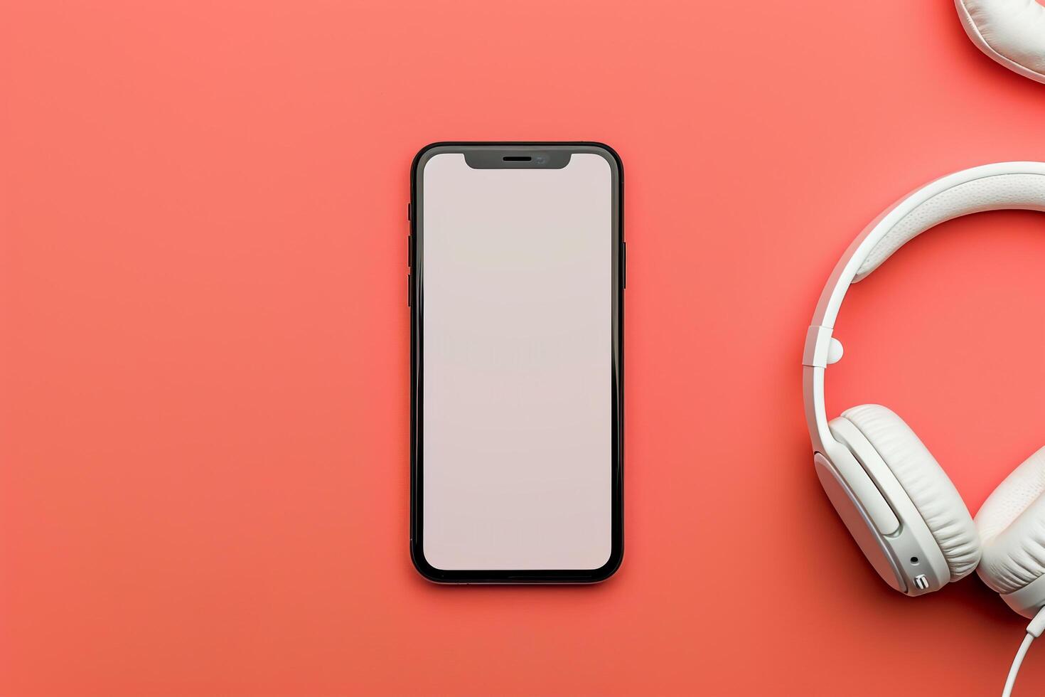 Mobile phone mockup featuring screen and headphones in a versatile tech setup background photo