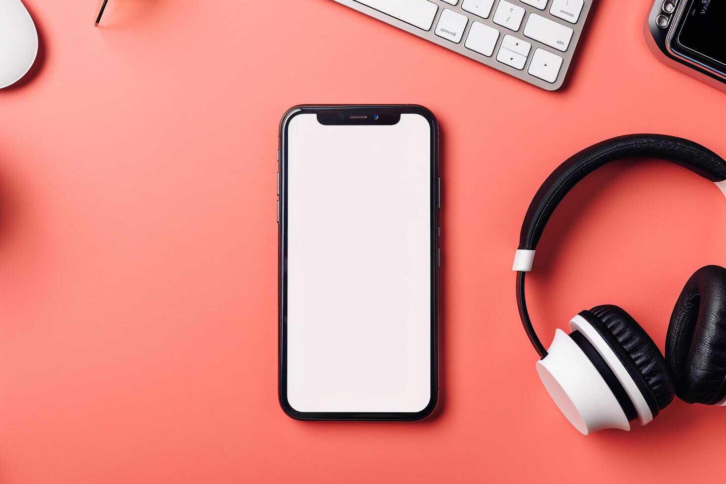 Mobile phone mockup featuring screen and headphones in a high tech setup background photo