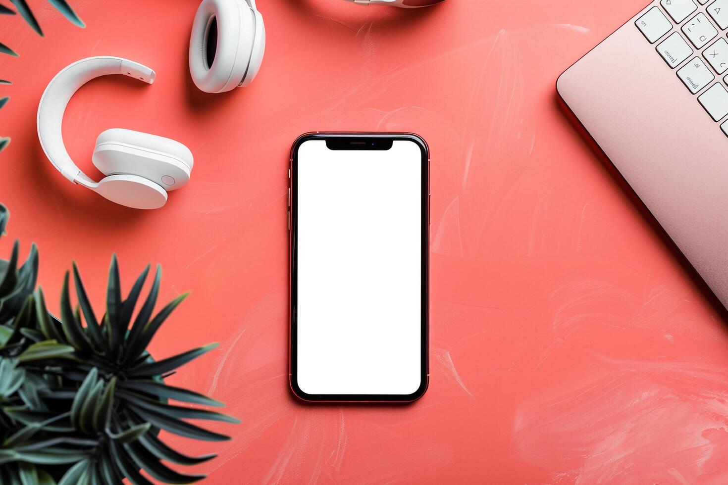 Mobile phone mockup with screen and headphones in a tech centered background photo