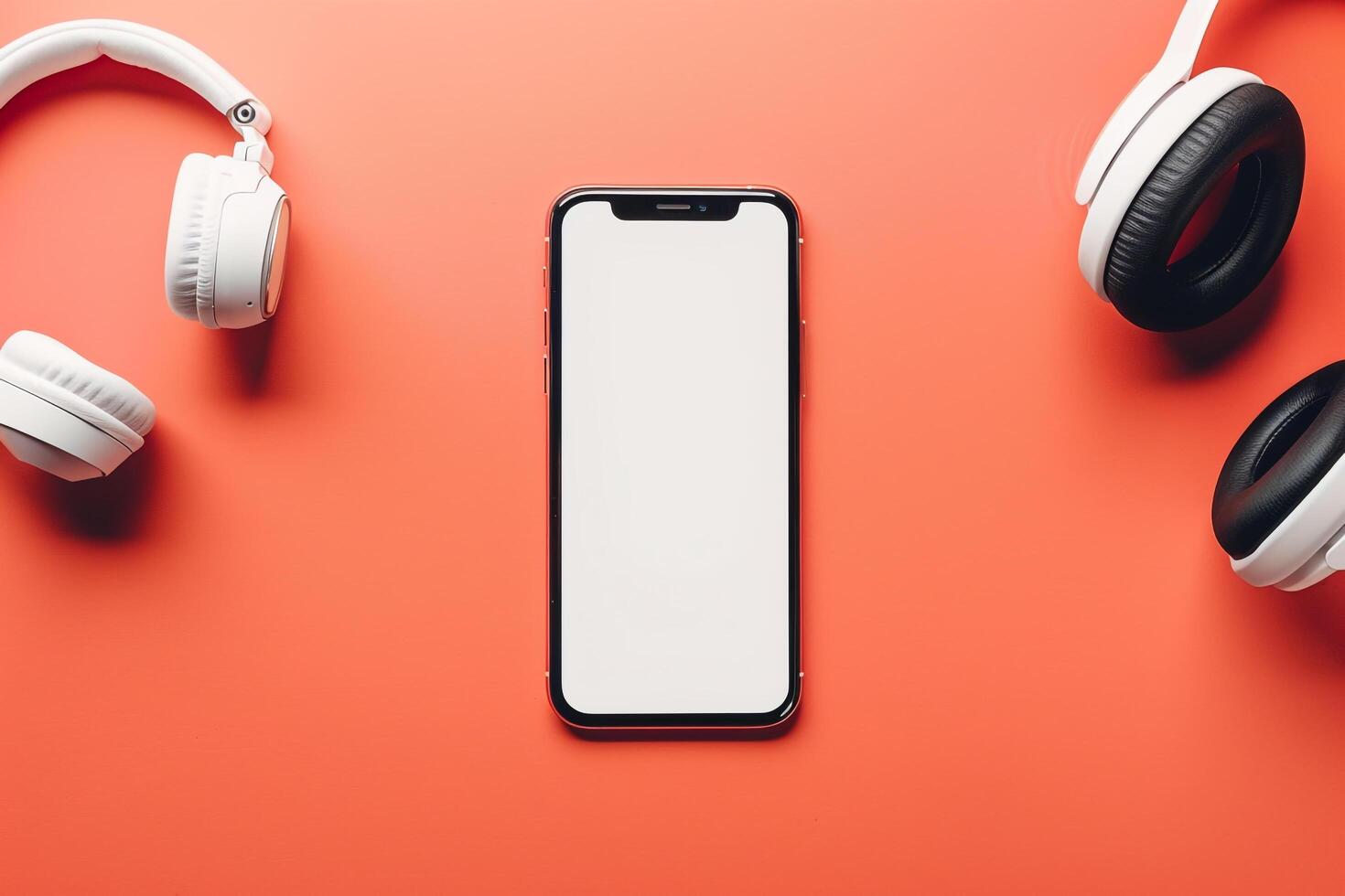 Mobile phone with screen and headphones in a versatile tech setup background photo