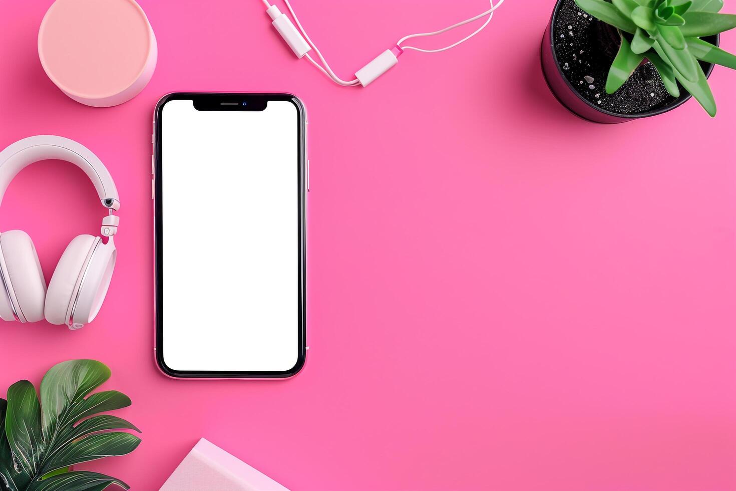 Mobile phone mockup with screen and headphones in an engaging tech background photo