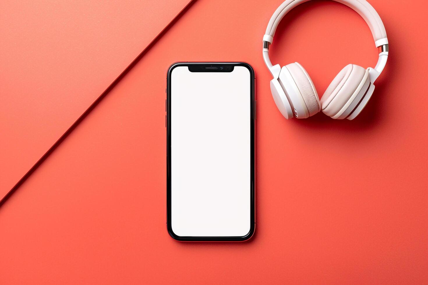 Mobile phone mockup with screen and headphones in an interactive tech background photo