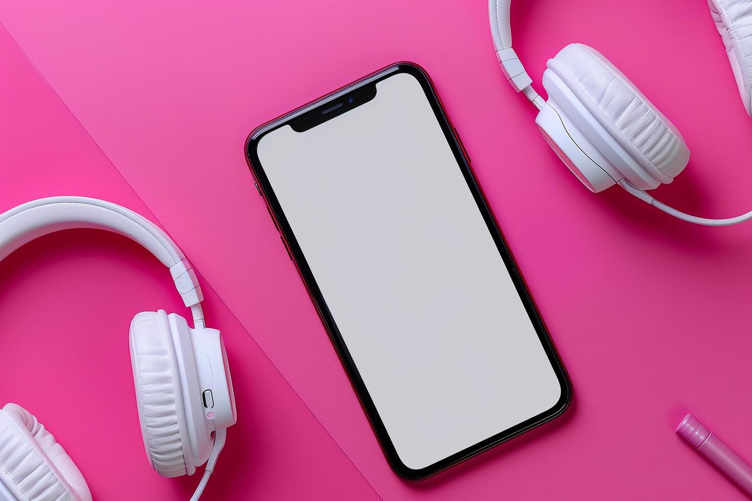 Mobile phone with screen and headphones in a dynamic tech setup photo