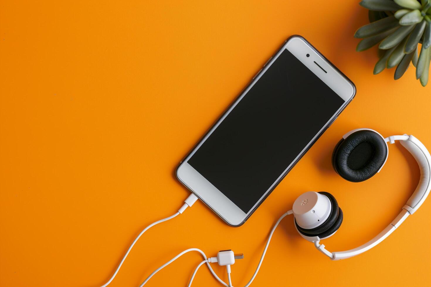 Mobile phone mockup featuring screen and headphones in a high tech tech environment photo