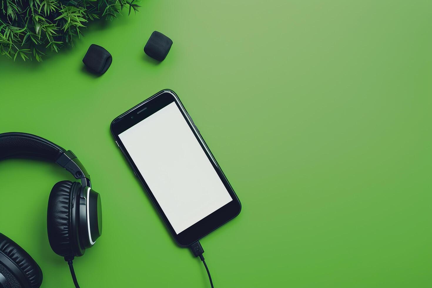 Mobile phone mockup featuring screen and headphones in a   tech environment photo
