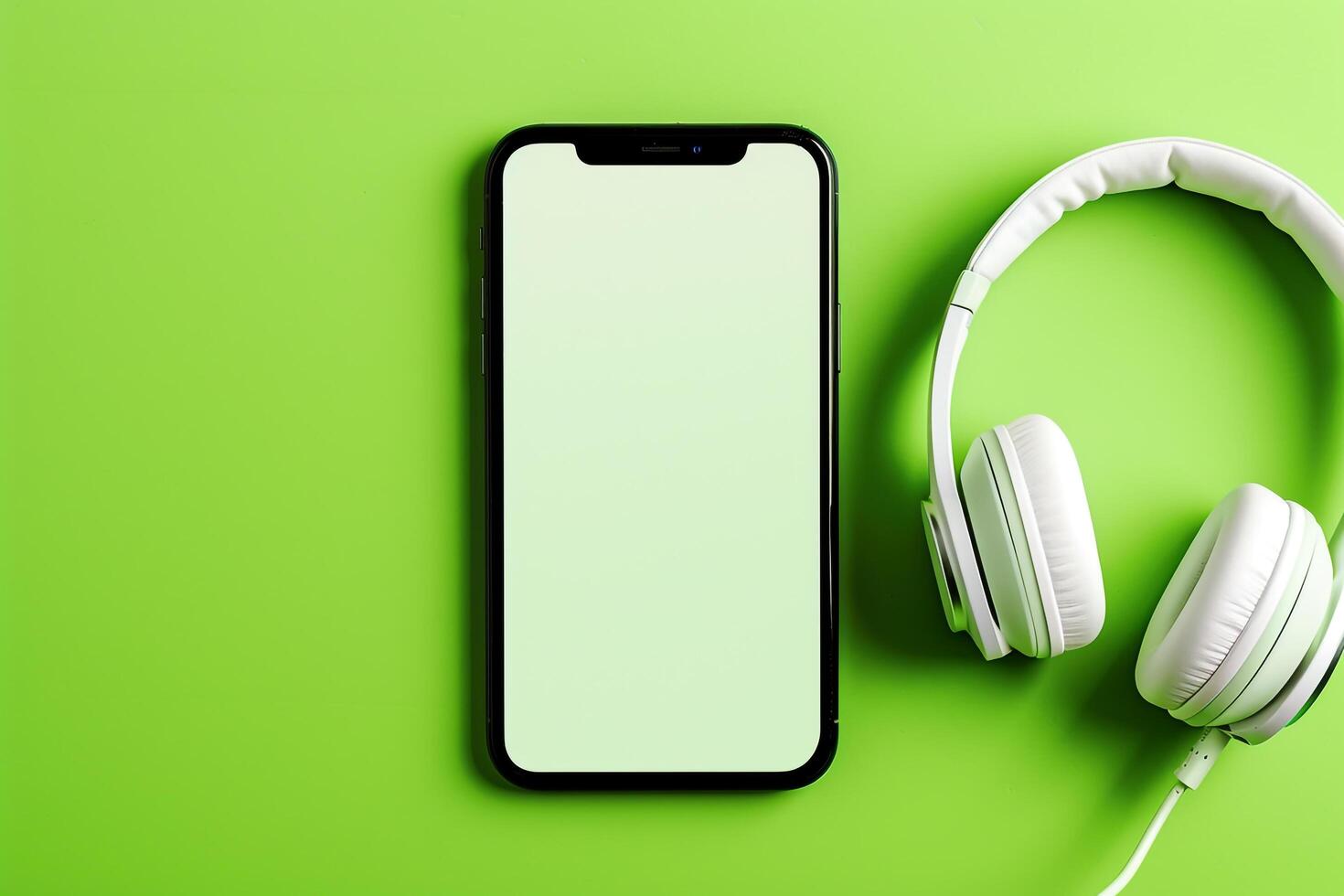 Mobile phone mockup with screen and headphones in an engaging tech photo