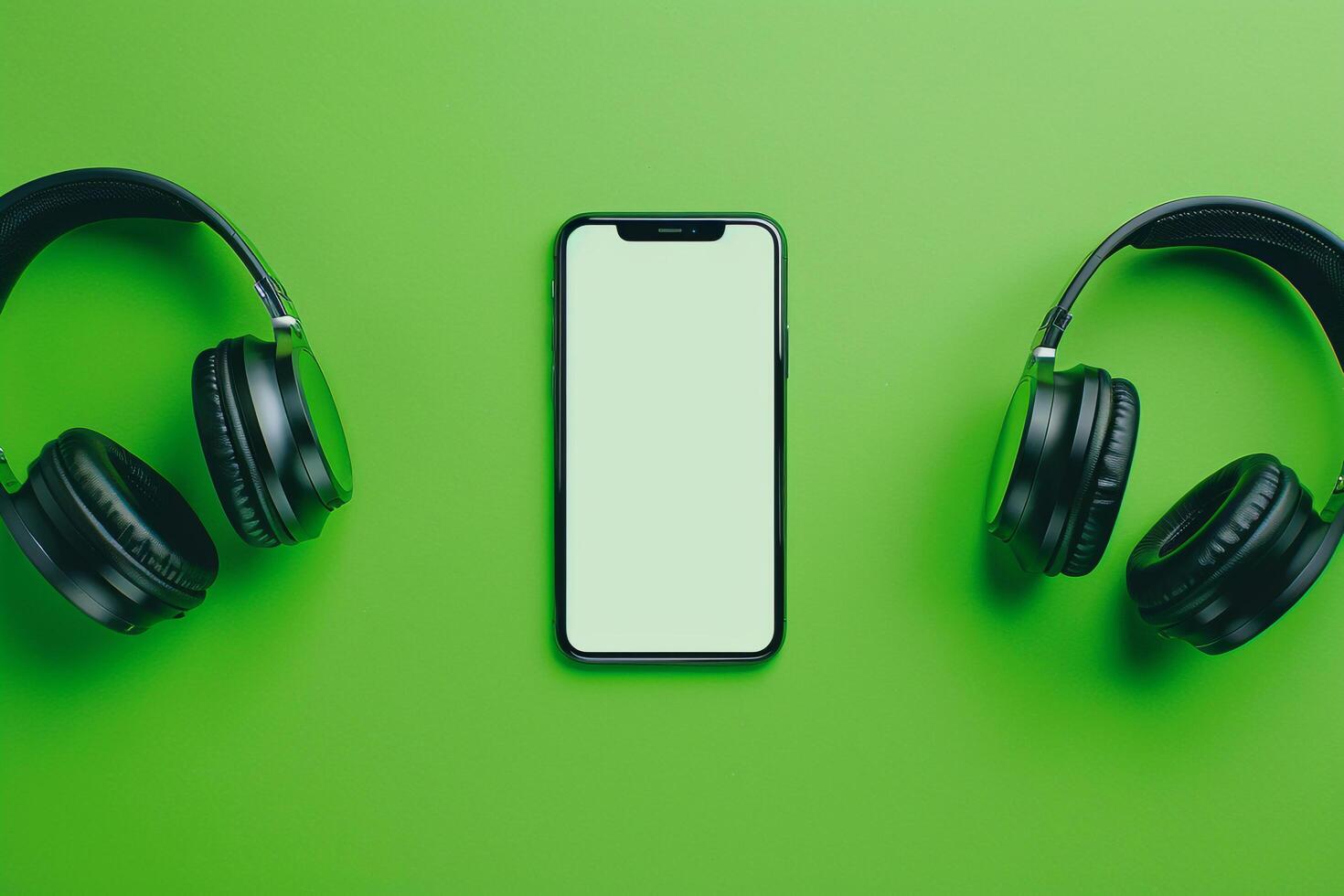 Mobile phone mockup with screen and headphones in a versatile digital environment photo
