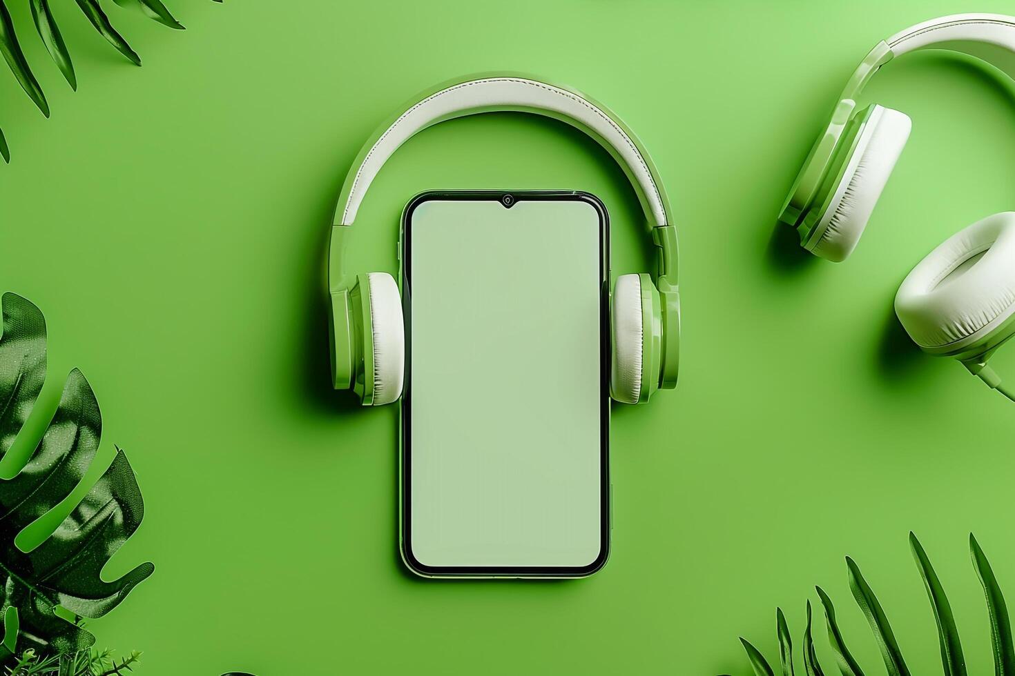 Mobile phone with screen and headphones in a digital tech setup photo