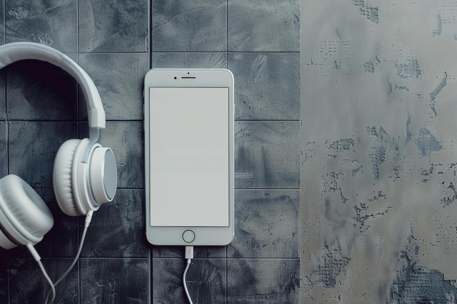 Mobile Phone Mockup Screen with Headphones in a   and Streamlined Format photo
