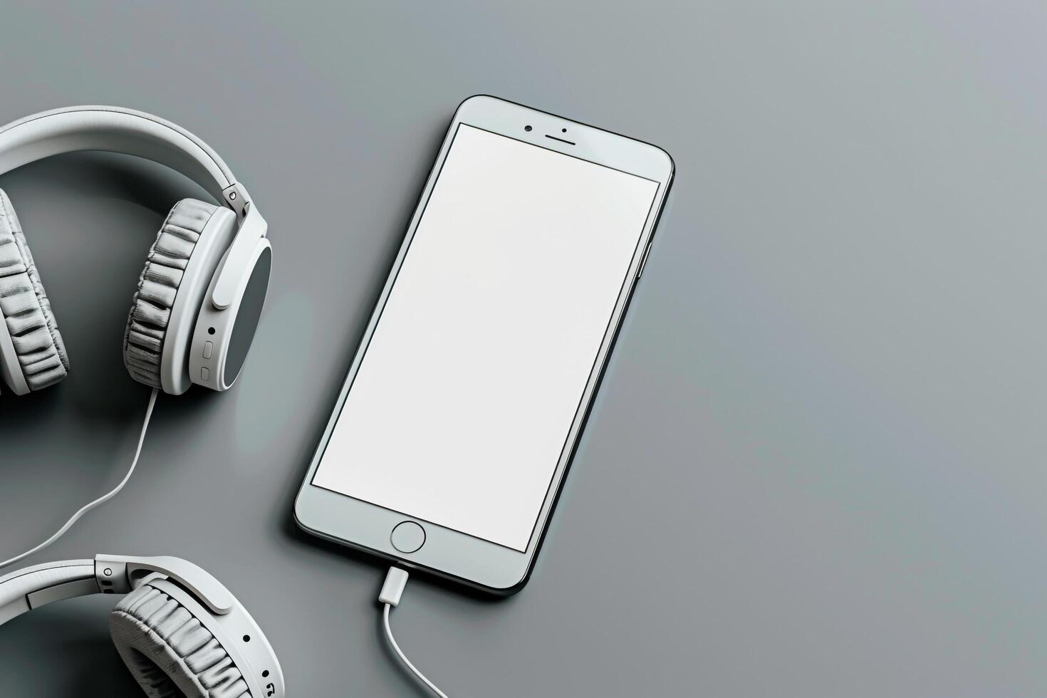 Mobile Phone Mockup Screen with Headphones in a   and High Tech Layout photo