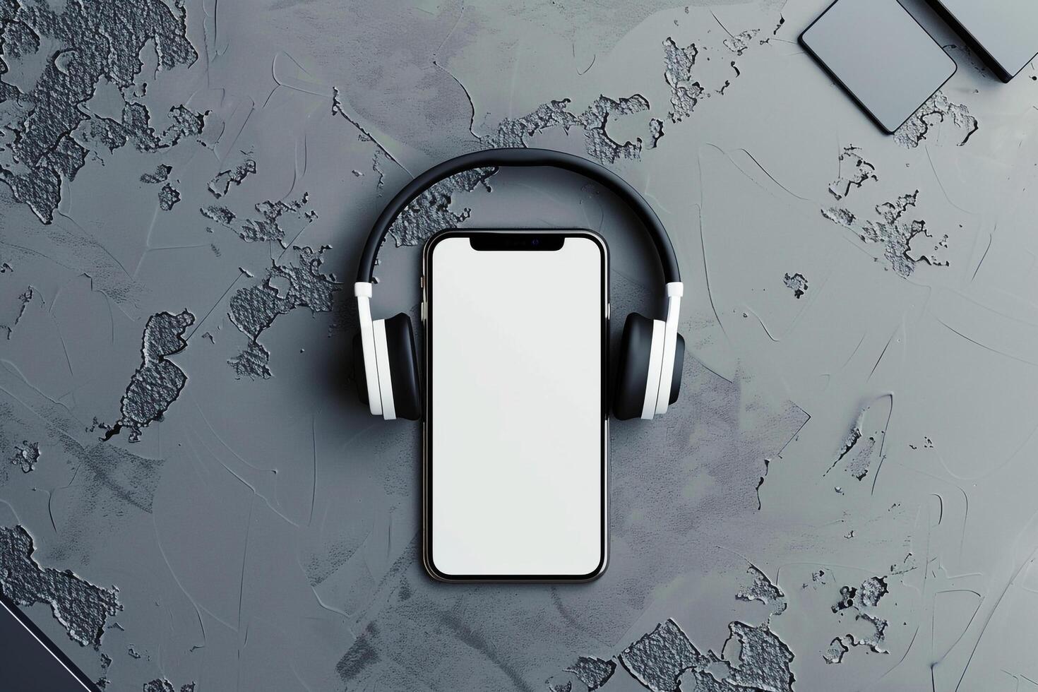 Mobile Phone Mockup Display with Headphones for Tech Showcase photo