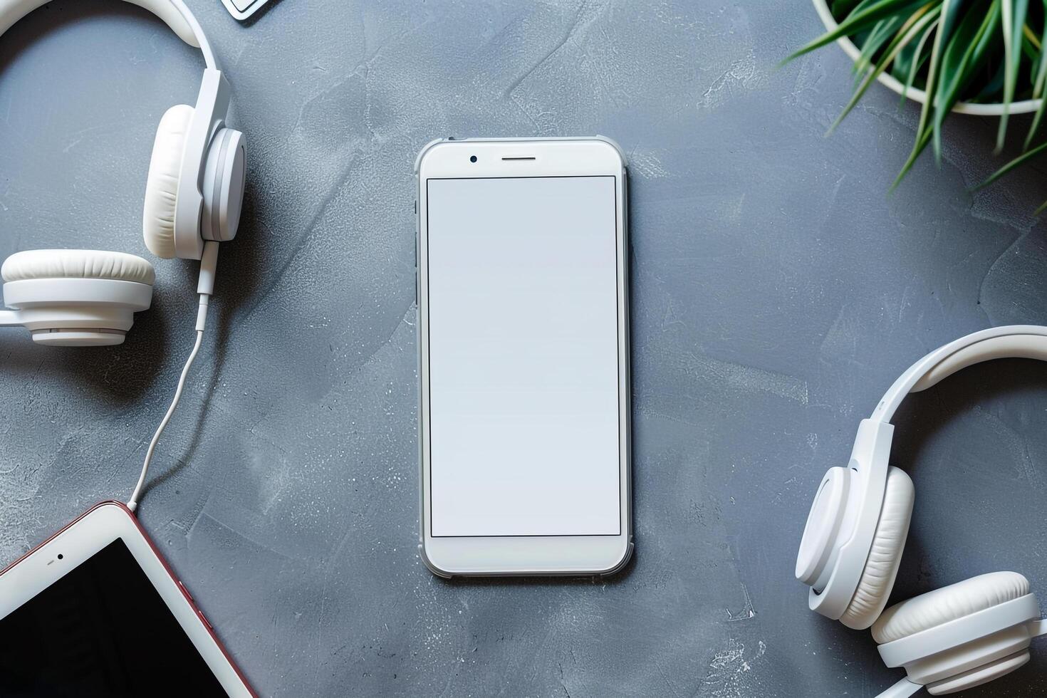 Mobile Phone Mockup with Screen and Headphones for App Display photo