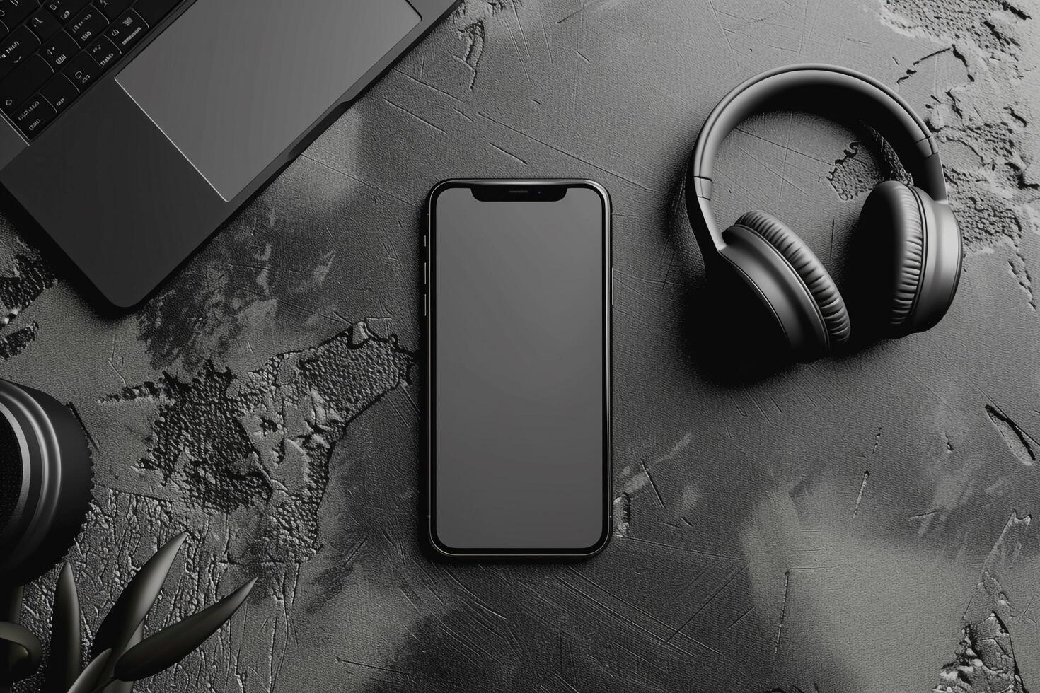 Mobile Phone Mockup Screen with Headphones for Showcasing Latest Technology and Premium Sound photo
