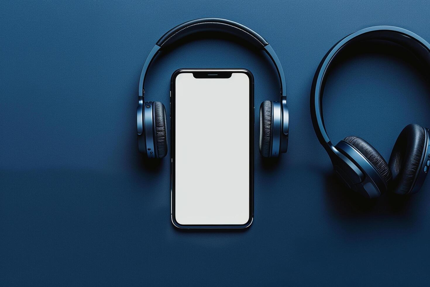Mobile Phone Mockup Screen with Headphones for Displaying Cutting Edge Tech and High Quality Audio photo