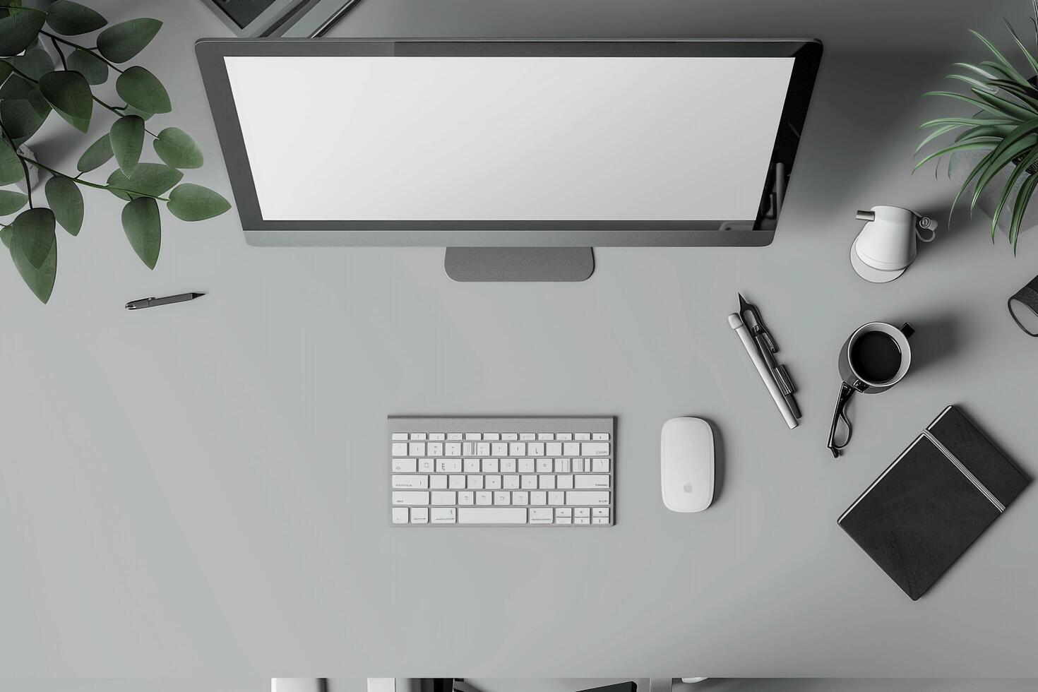 Desktop Computer Mockup on a Desk with Designer Tools for   Workspaces photo