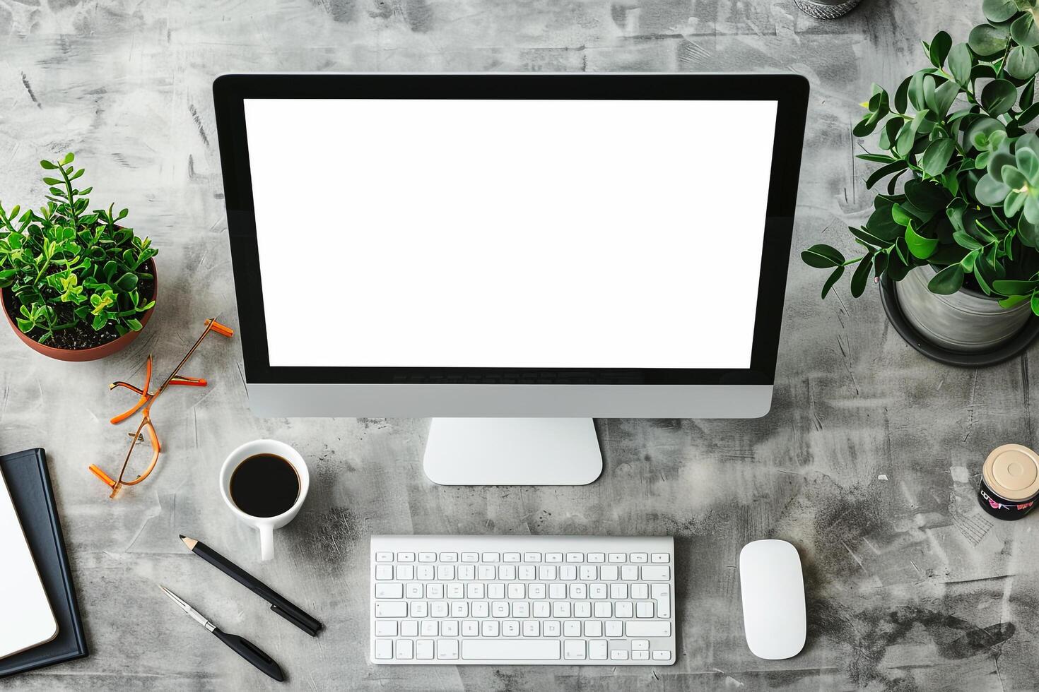 Desktop Computer Mockup with Artistic Tools on a Desk for Design and   Tasks photo