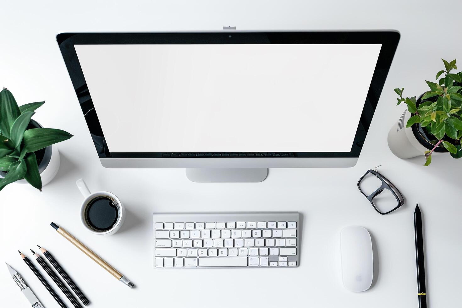 Desktop Computer Mockup with Artistic Tools on a Desk for Design Professionals photo