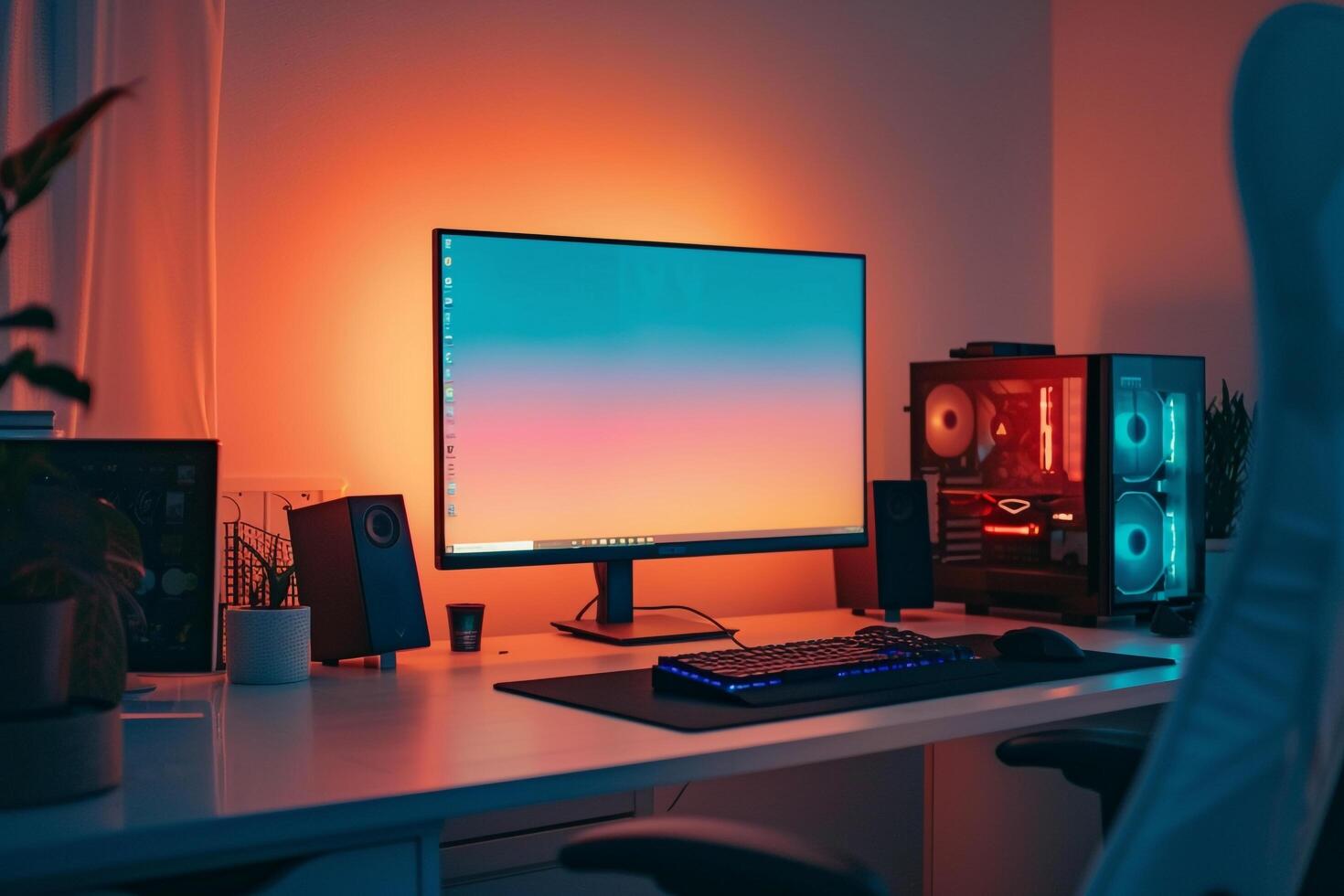 Computer Mockup on a White Desk with Gaming Gear for a High Performance Gaming Environment photo