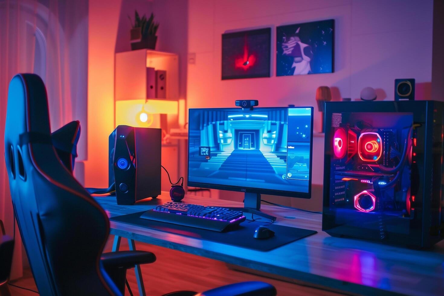 Computer Mockup on a White Desk with Gaming Gear for an Immersive Gaming Experience photo