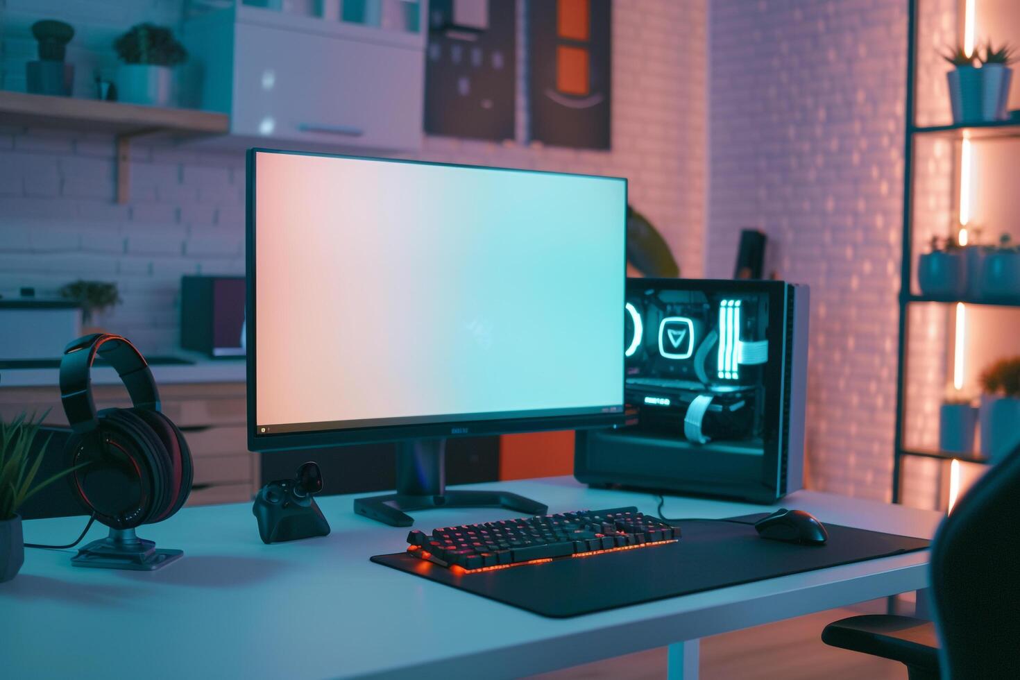 Computer Mockup on a White Desk with Gaming Accessories for an Engaging Gaming Experience photo