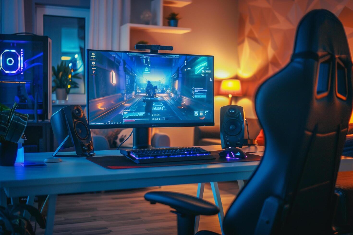 Computer Mockup on a White Desk with Gaming Peripherals for an Optimized Gaming Setup photo