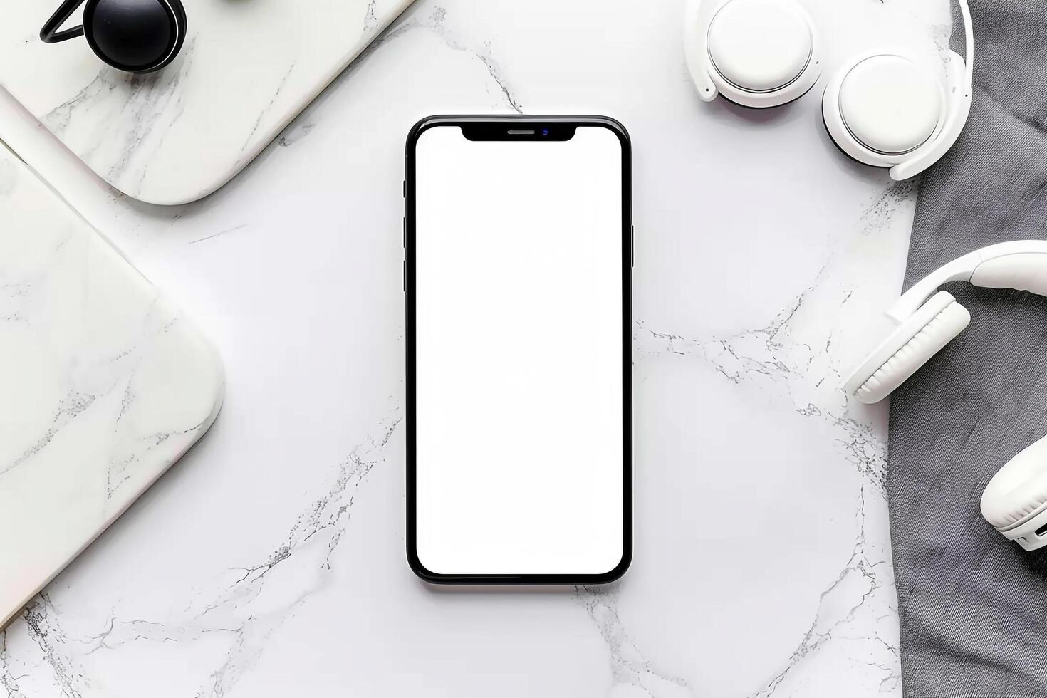 Mobile Phone Mockup Screen and Headphones with Interactive Design Background photo