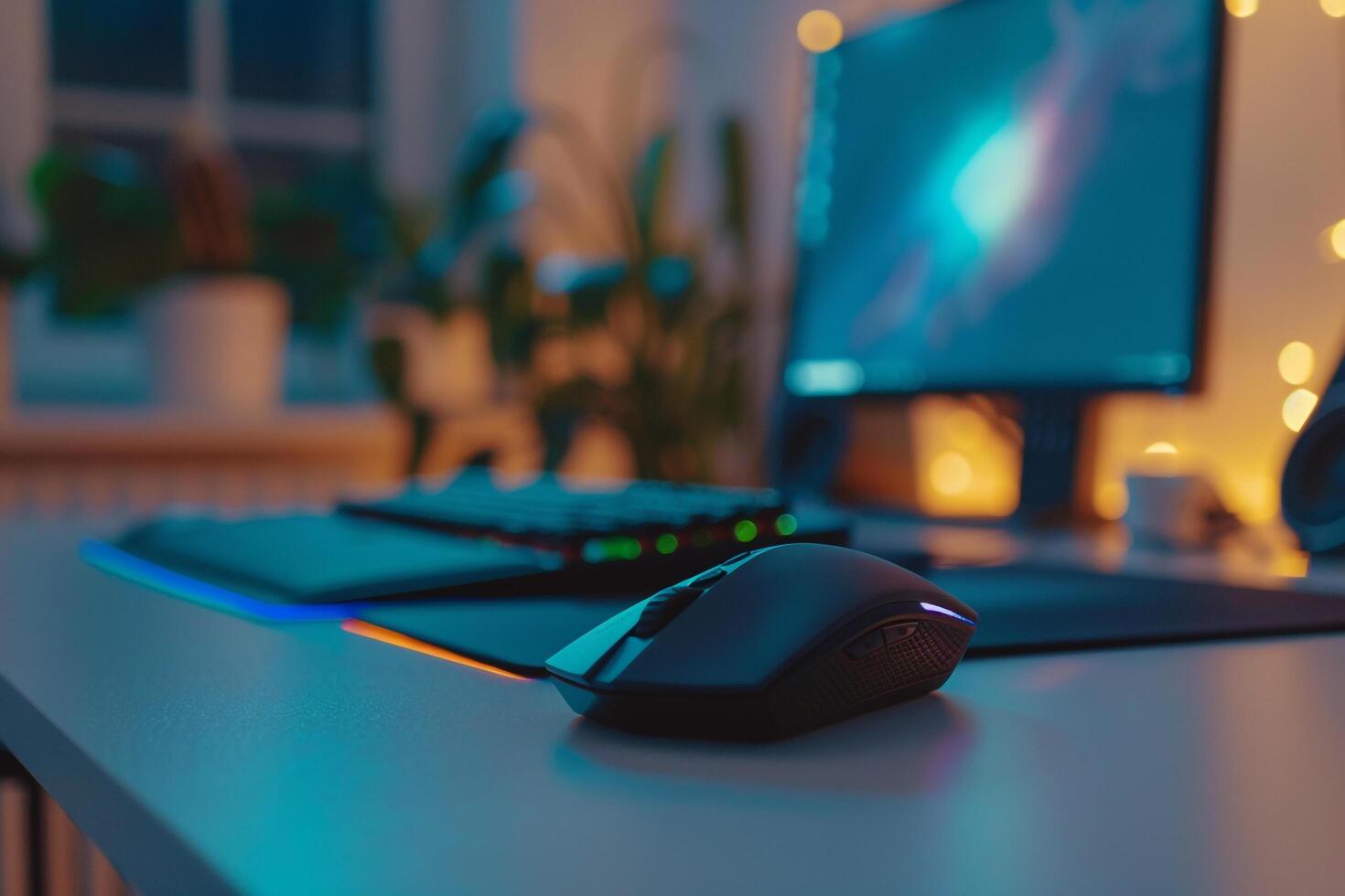 Laptop Mockup on a White Desk with Gaming Mouse for an Optimized Gaming Setup photo