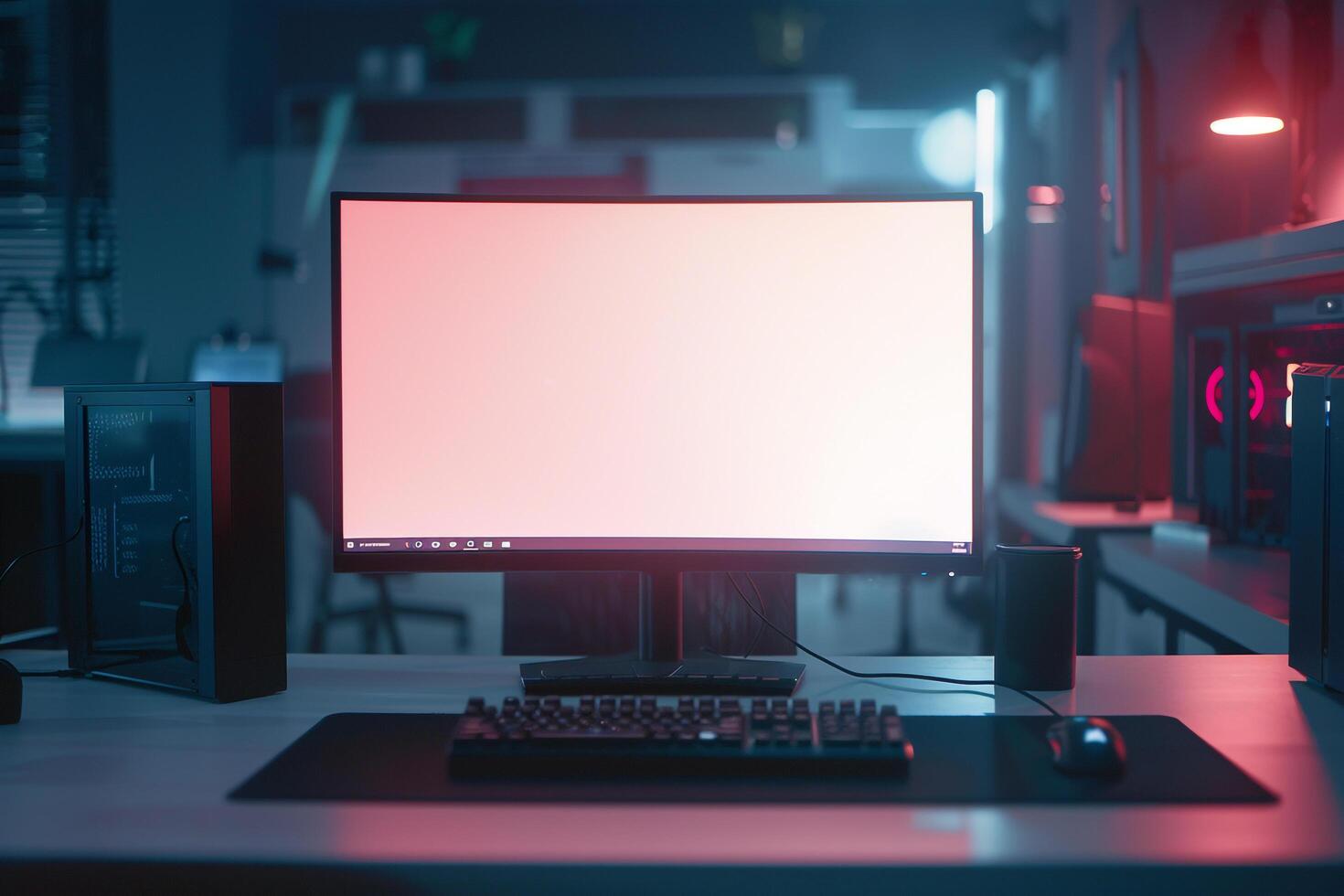 Computer Mockup on a White Desk with Gaming Peripherals for a Comprehensive Gaming Setup photo