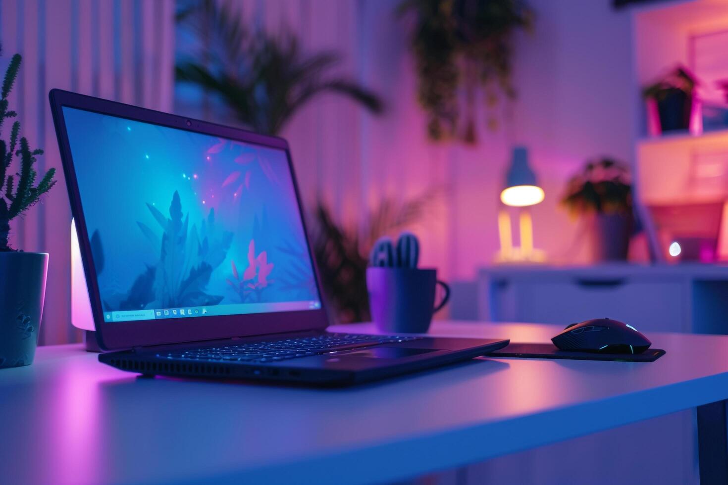 Laptop Mockup on a White Desk with Gaming Mouse for a Superior Gaming Experience photo