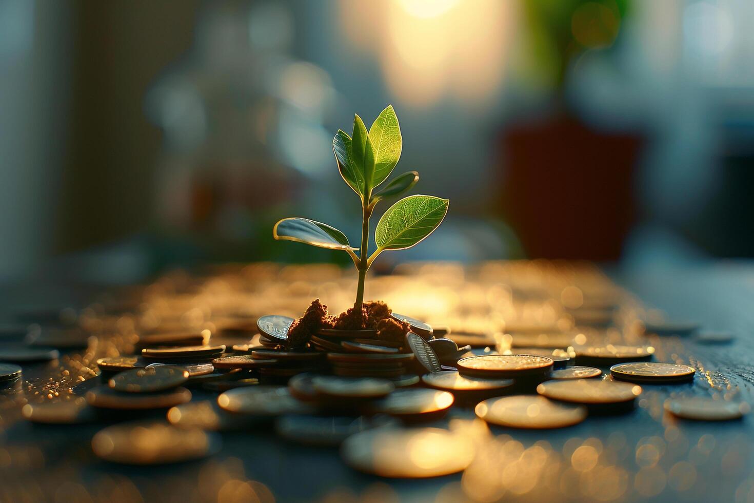 Plant Growing from a Pile of Coins Representing Financial Growth and Capital photo