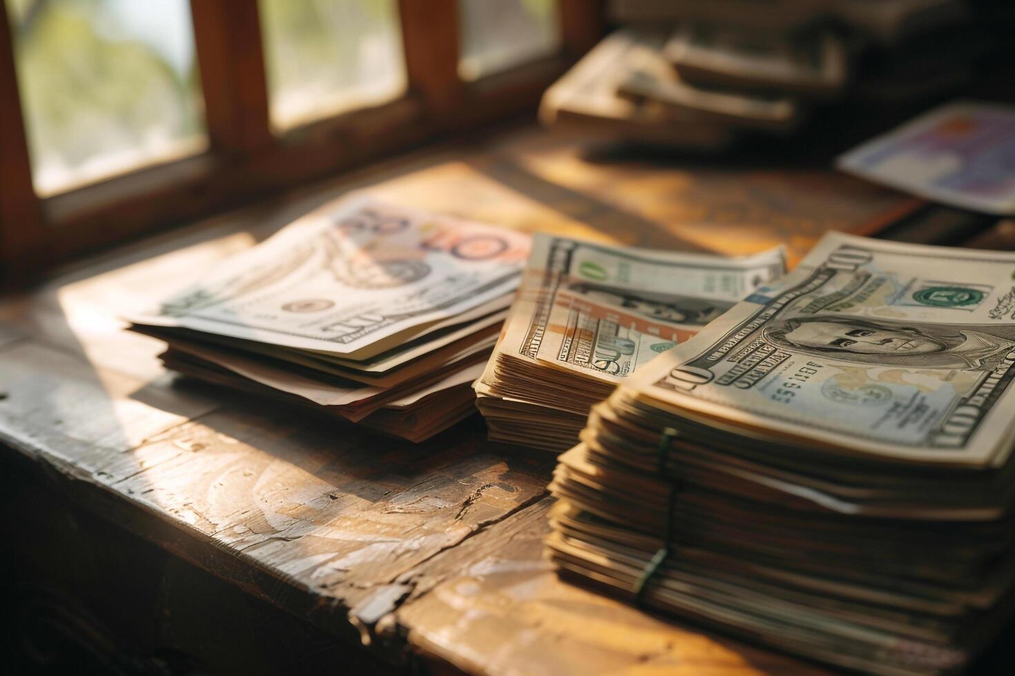 Various International Banknotes Spread Out on a Wooden Table for Financial Analysis photo