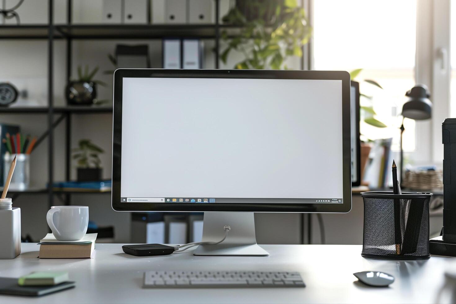 Computer Mockup on a White Desk with Marketing Materials for a   Office Environment photo