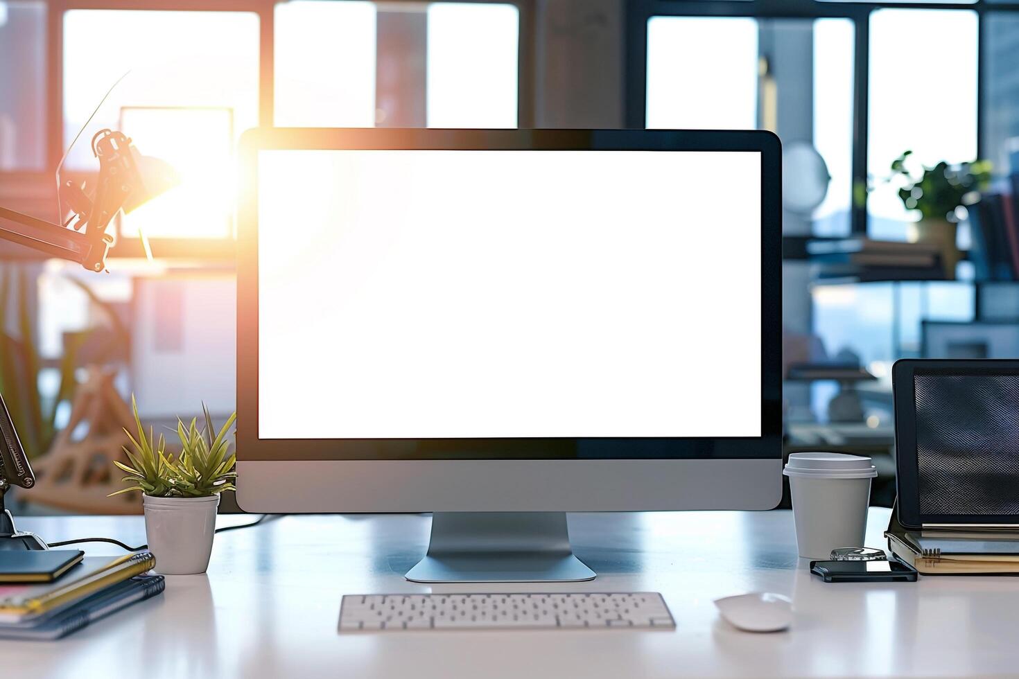 Computer Mockup on a White Desk with Marketing Materials for an Engaging Office Setup photo