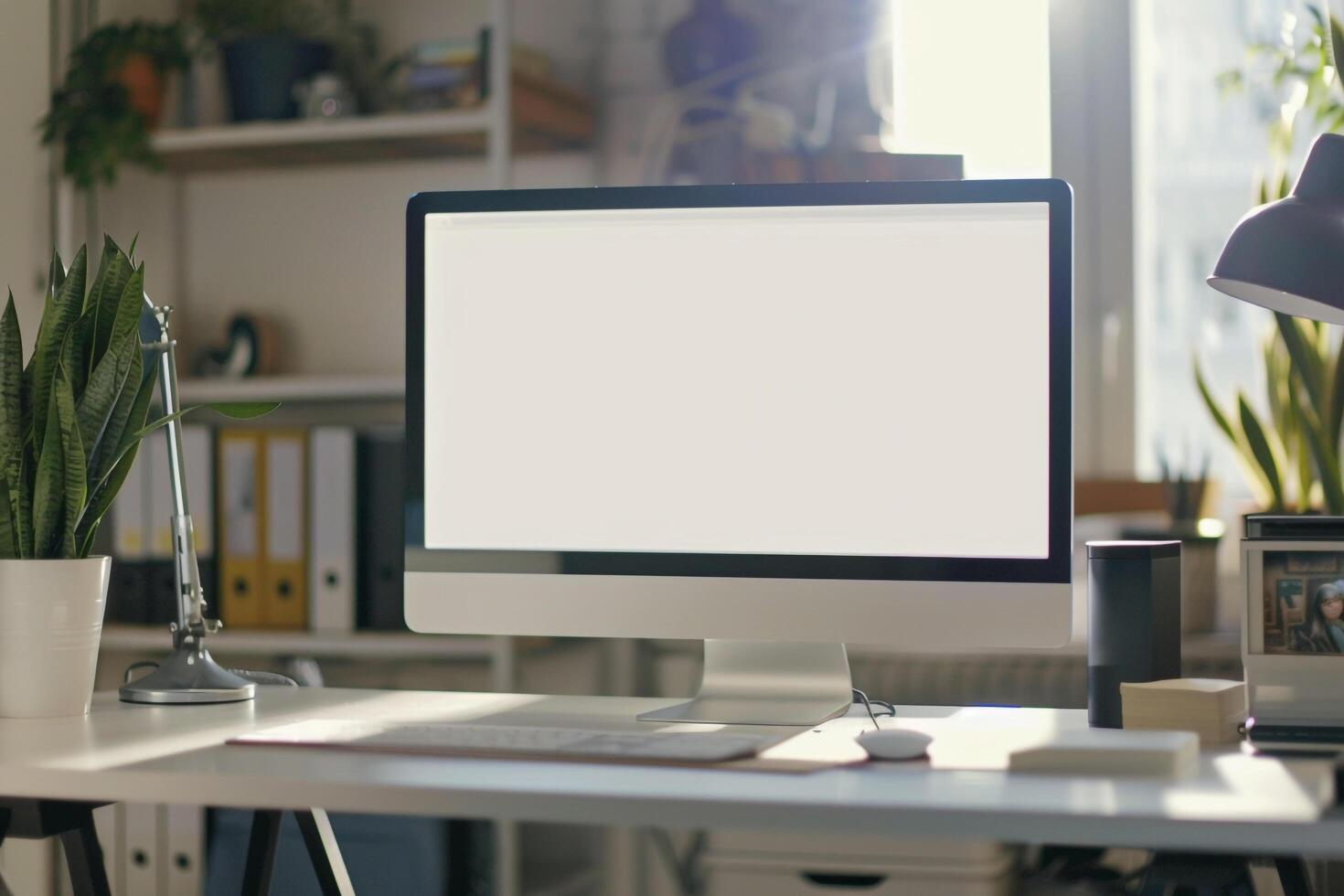 Computer Mockup on a White Desk with Marketing Materials for an Efficient Workspace photo