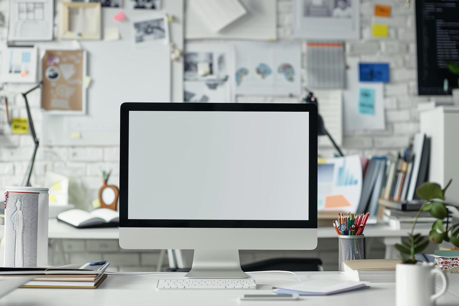 Computer Mockup on a White Desk with Marketing Materials for an Advanced Office Environment photo