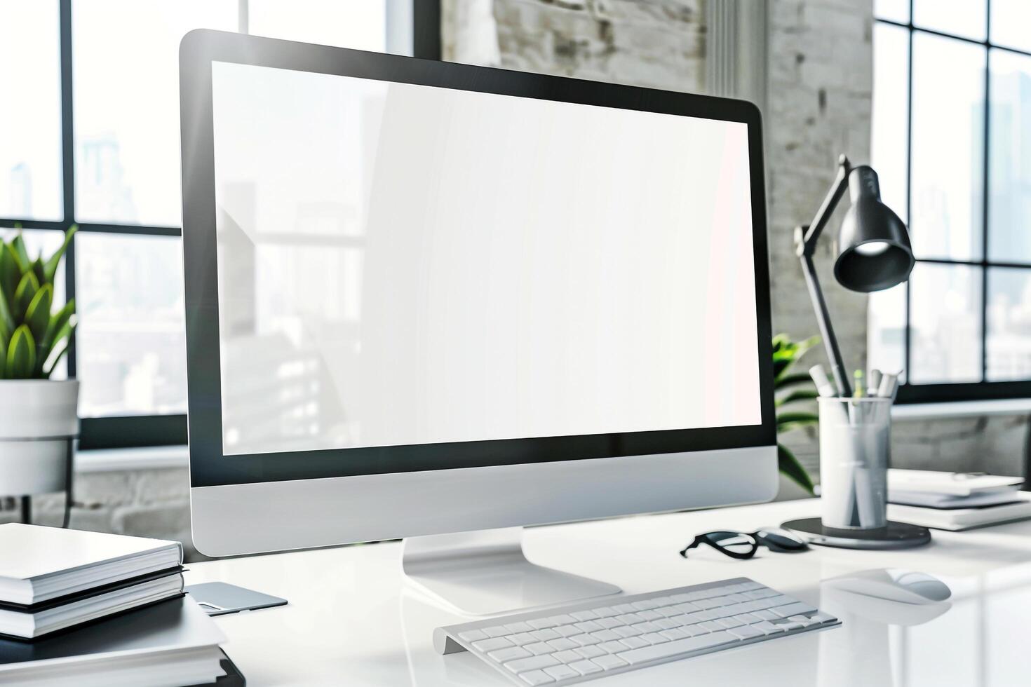 Professional Computer Mockup with Scattered Brochures on White Desk photo