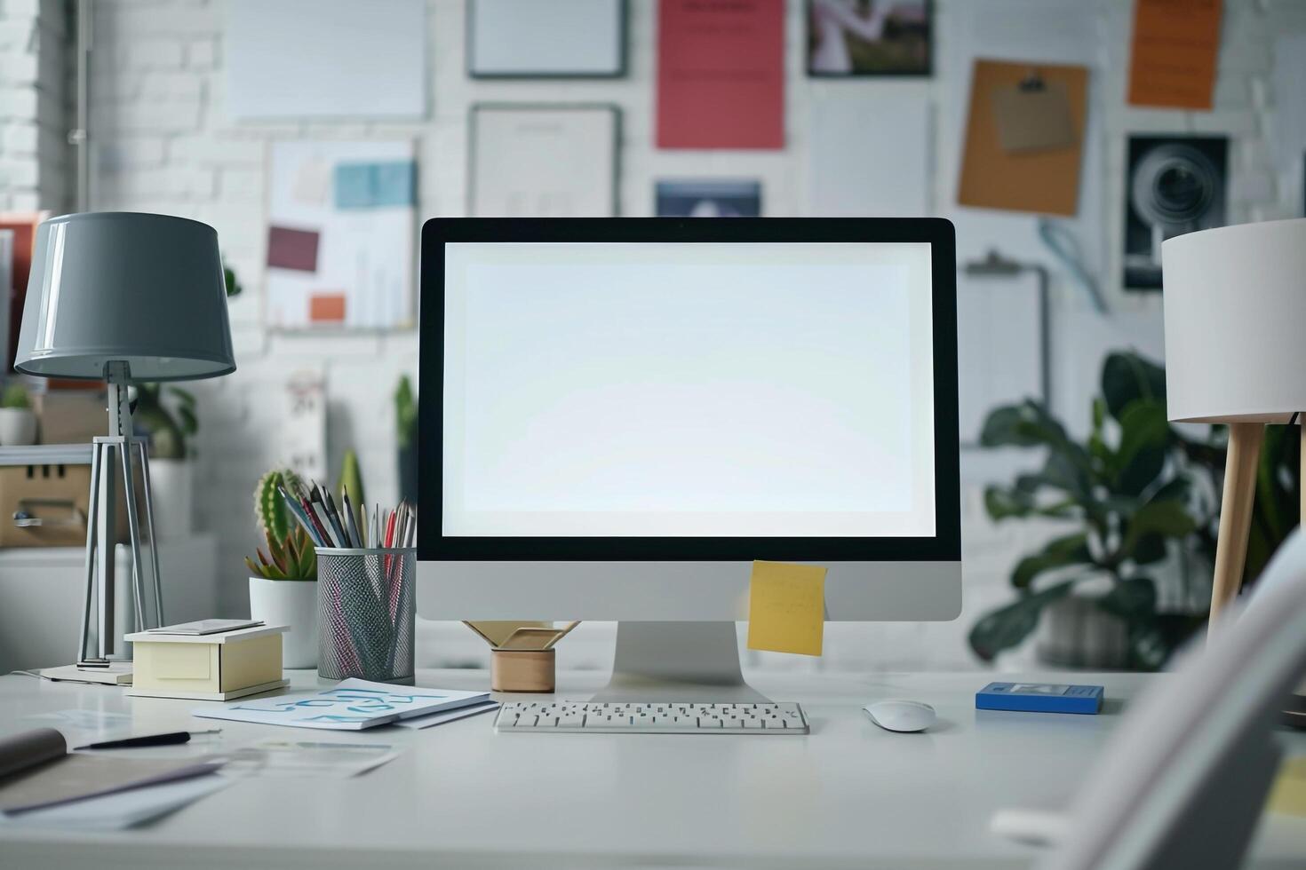 Versatile Computer Mockup on White Desk with Marketing Materials photo