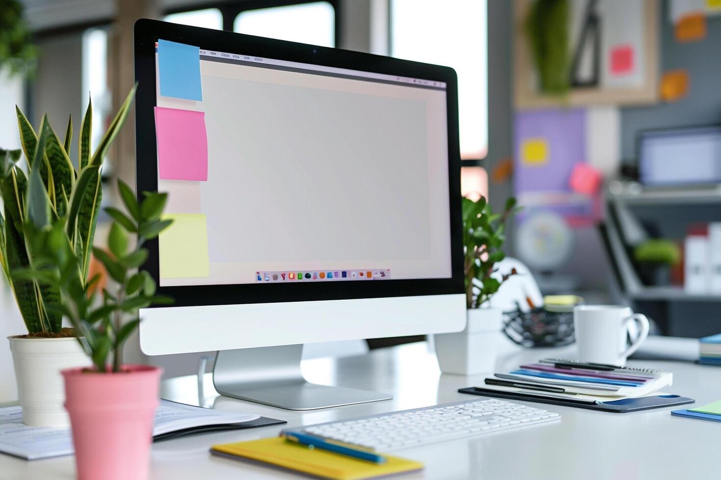 Stylish Computer Mockup on White Desk with Marketing Materials photo