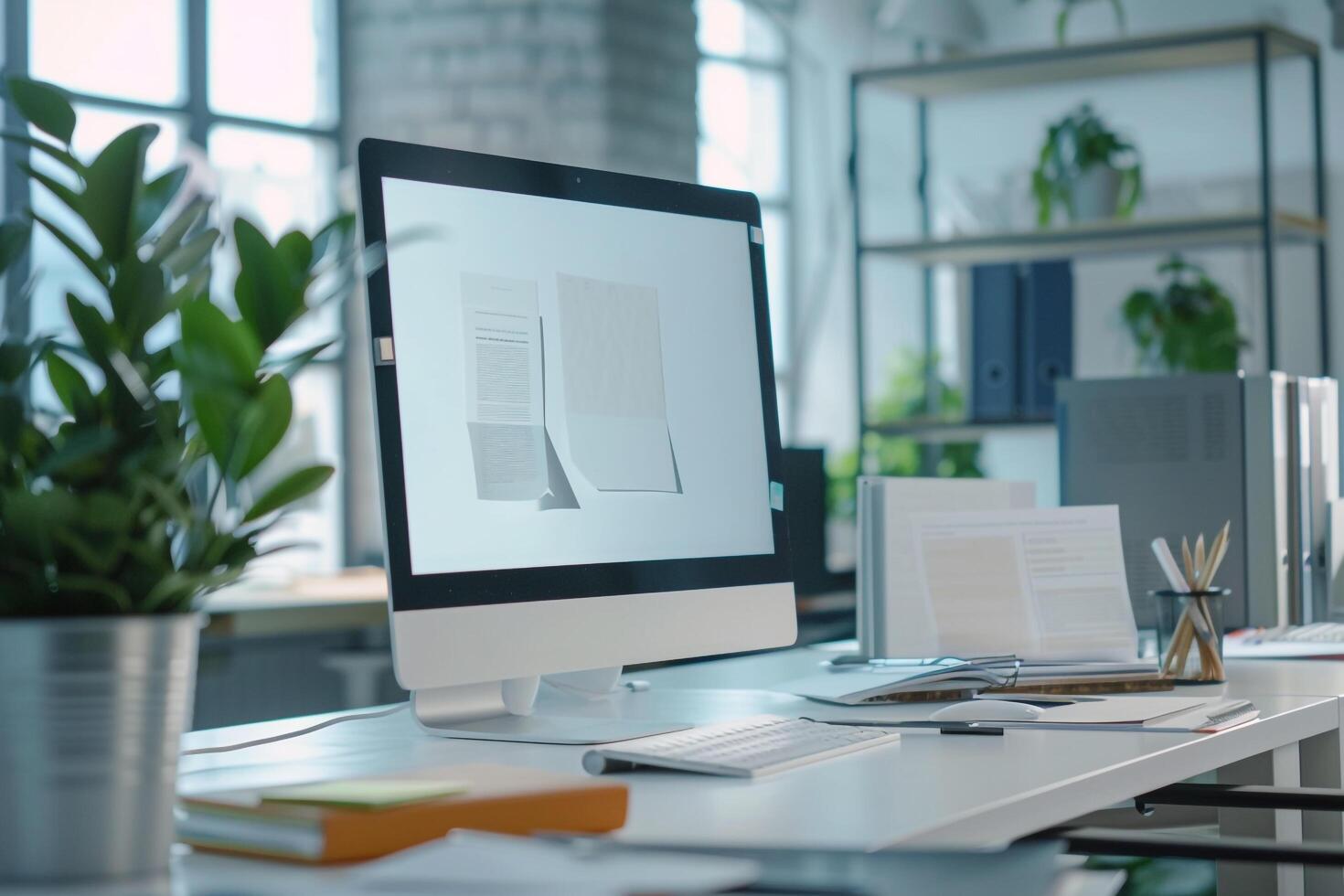 Computer Mockup on White Desk with Scattered Brochures photo