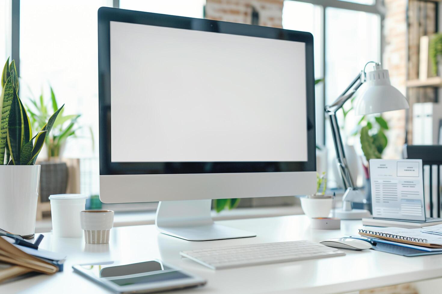 Sleek Computer Mockup on White Desk Surrounded by Marketing Materials photo