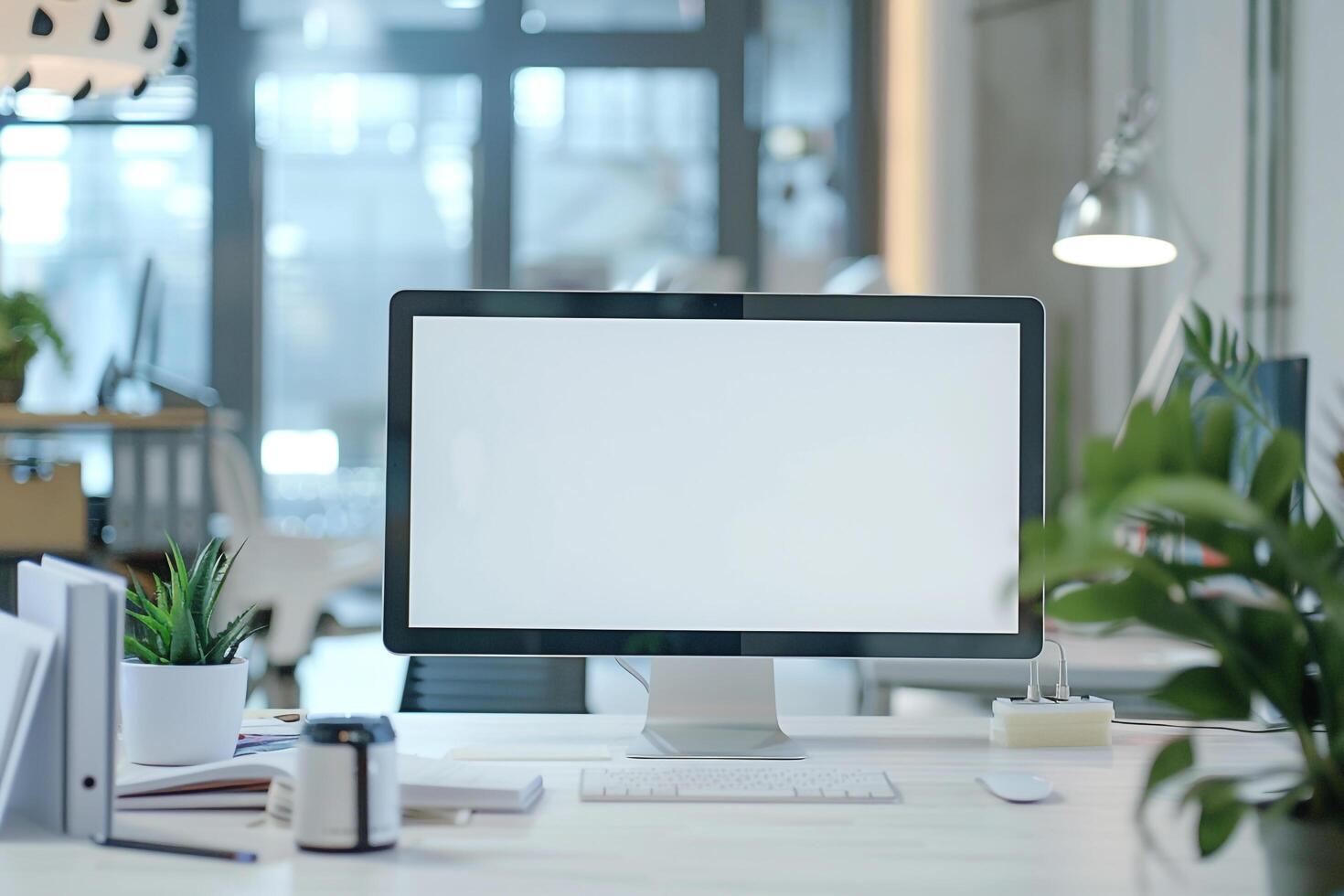 Professional Computer Mockup with White Desk and Scattered Marketing Brochures photo