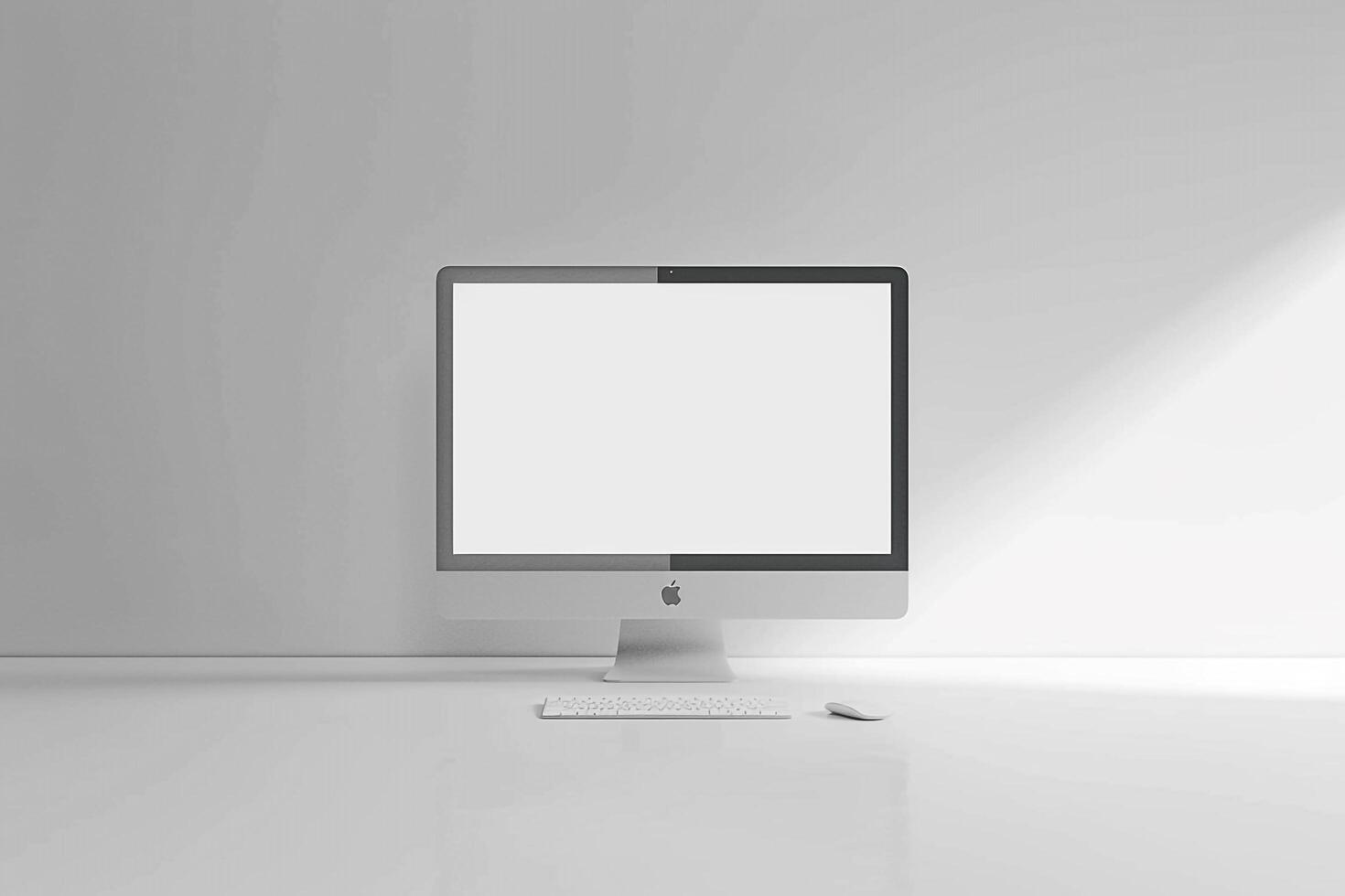 Computer Monitor Mockup on High Gloss White Surface with   High Resolution Display photo